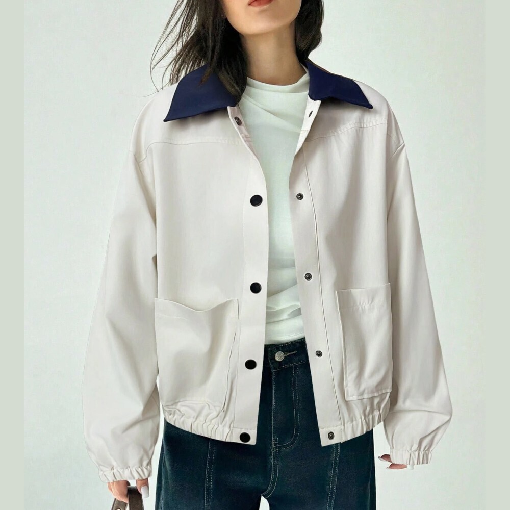 Ivory Contrast Collar Snap Front Jacket With Navy Collar